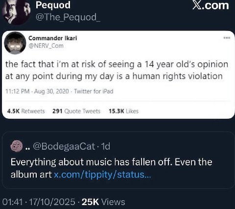 Pequod X.com @The Pequod Commander Ikari the fact that at risk of seeing а 14 year opinion at any point during my day is a human rights violation 291 @BodegaaCat: Everything about music has fallen off