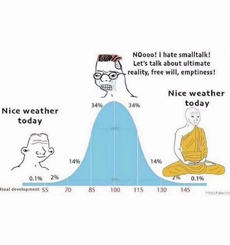 NOooo! hate smalltalk! Let’s talk about ultimate reality, free will, emptiness! Nice weather 34% 34% today Nice weather today 14% 14% 0.1% 2% 0.1% itual development 55 70 85 100 115 130 145 MotthewNo
