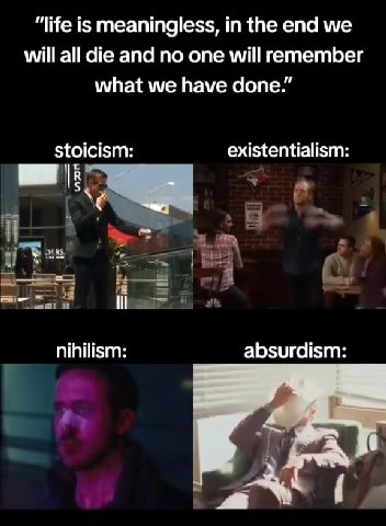 stoicism: existentialism: nihilism: absurdism:
