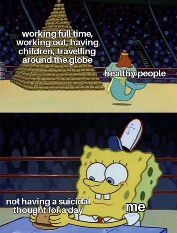 working full time, working out, having children, travelling around the globe healthy people not having a suicidal thought for a day me