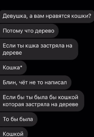 Девушка, а вам нравятся кошки? Потому что дерево Если ты кшка застряла на дереве Кошка* Блин, чет не то написал Если бы ты была бы кошкой которая застряла на дереве То бы была Кошкой