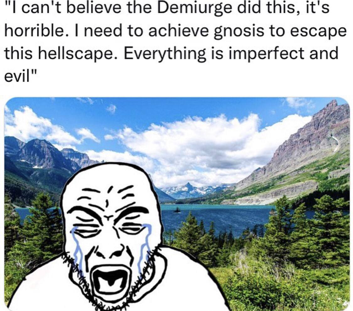 believe the Demiurge did this, it's horrible. need to achieve gnosis to escape this hellscape. Everything is imperfect and evil"