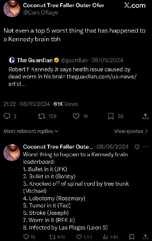 Coconut Tree Faller Outer Ofer Х.сот Not even а top 5 worst thing that has happened to a Kennedy brain tbh The Guardian Robert Kennedy says health issue caused dead worm in his brain theguardian.com/u