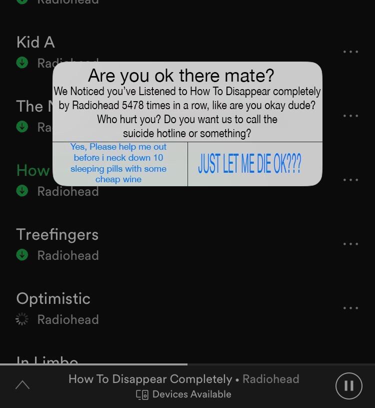 Are you there mate? We Noticed you’ve Listened to How To Disappear completely 5478 times in a row, like are you okay Who hurt you? you want to call the suicide hotline or something? Yes, Please help т
