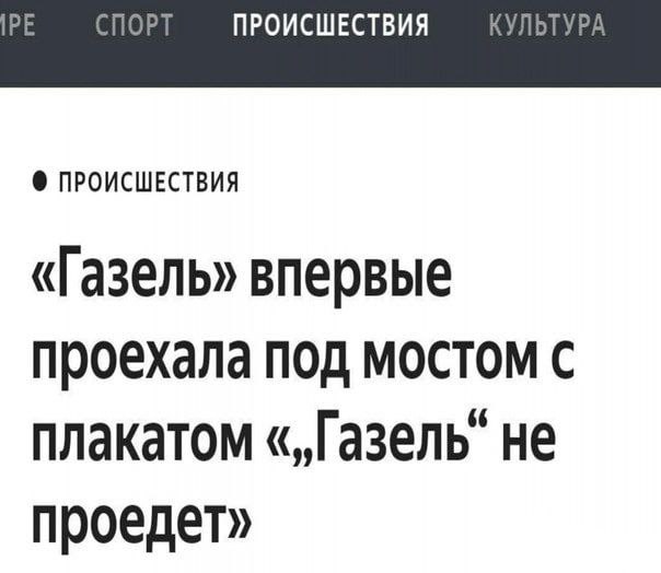 СПО ПРОИСШЕСТВИЯ КУЛЬТУРА ПРОИСШЕСТВИЯ «Газель» впервые проехала под мостом с плакатом «„Газель’ не проедет»