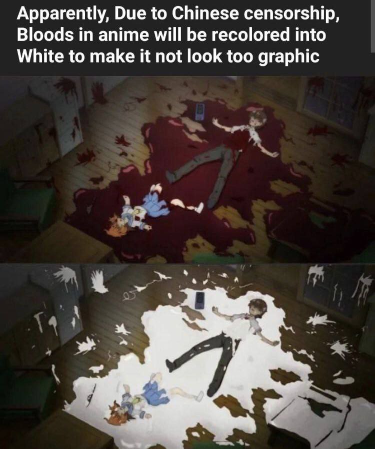 Apparently, Due to Chinese censorship, Bloods in anime will be recolored into White to make it not look too graphic у