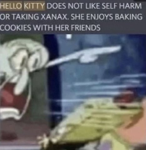 HELLO KITTY DOES NOT LIKE SELF HARM OR TAKING ХАМАХ. SHE ENJOYS BAKING COOKIES WITH HER FRIENDS