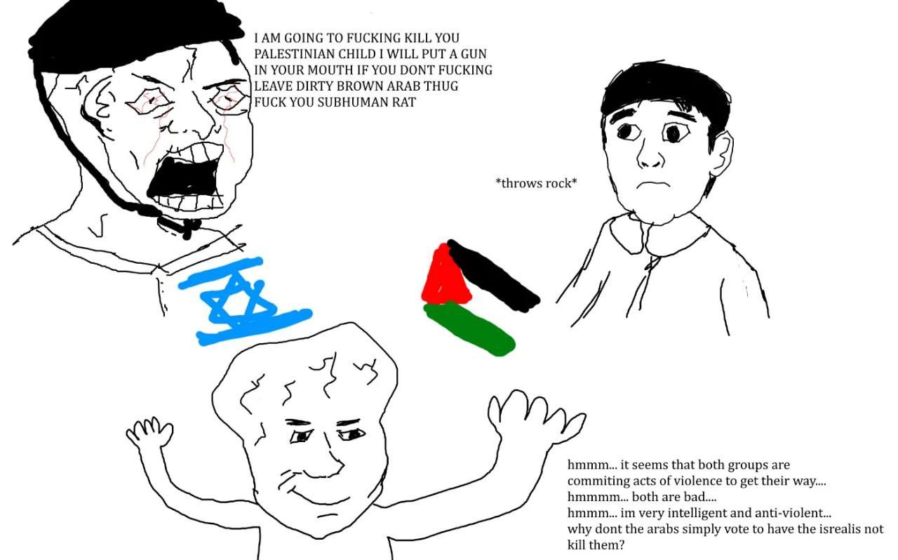 GOING ТО FUCKING KILL YOU PALESTINIAN CHILD I WILL PUT А GUN IN YOUR MOUTH IF YOU DONT FUCKING LEAVE DIRTY BROWN ARAB THUG FUCK YOU SUBHUMAN RAT (02 *throws rock* у А hmmm... it seems that both groups