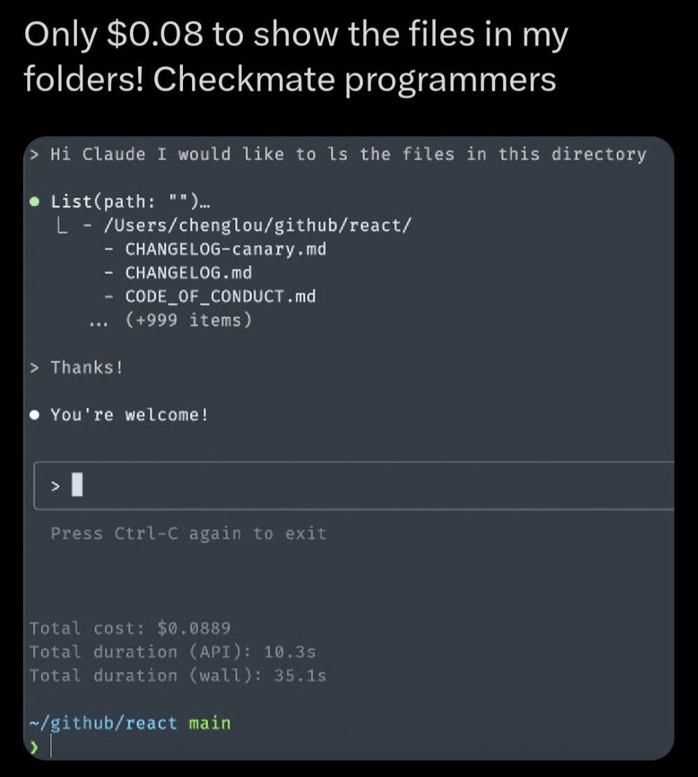 Only $0.08 to show the files in my folders! Checkmate programmers Claude would Like to 15 the files this cirectory List(path: CHANGELOG-canary.md CHANGELOG.md CODE_OF_CONDUCT Thanks You're welcome! ma