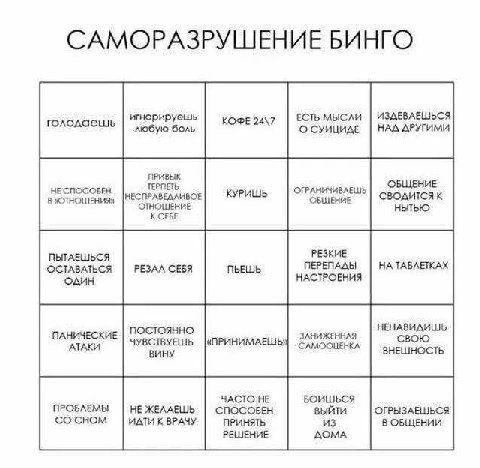 САМОРАЗРУШЕНИЕ БИНГО игнорируешь КОФЕ 24\7 ЕСТЬ МЫСЛИ ИЗДЕВАЕШЬСЯ голодаешь любую боль СУИЦИДЕ HAA ДРУГИМИ ПРИВЫК НЕ СПОСОБЕН ТЕРПЕТЬ ОТРАНИЧИВЛЕШЬ ОБЩЕНИЕ [МЕСПРАВЕАЛИВОЕ КУРИШЬ ОБЩЕНИЕ ОТНОШЕНИЕ К С