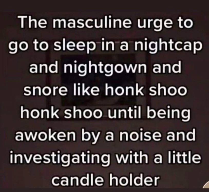The masculine urge to to sleep in a nightcap and nightgown and snore like honk shoo honk shoo until being awoken a noise and investigating with a little candle holder