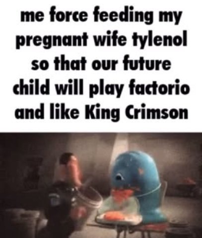 me force feeding my pregnant wife tylenol so that our future child will play factorio and like King Crimson