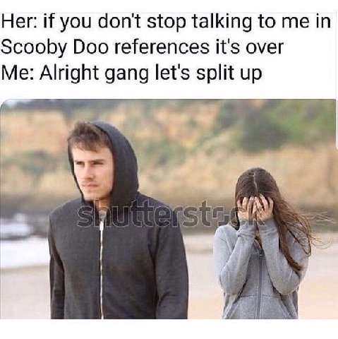 Her: if you don't stop talking to in Scooby Doo references it's over Me: Alright gang let's split up