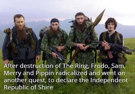 After destruction of The Ring, Frodo, Sam, Merry and Pippin radicalized and went on another quest, to declare the Independent Republic of Shire