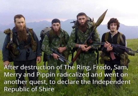 After destruction of The Ring, Frodo, Sam, Merry and Pippin radicalized and went on another quest, to declare the Independent Republic of Shire