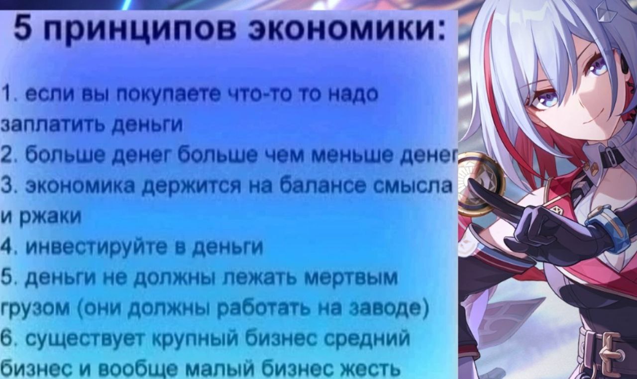 5 принципов экономики: 1 если вы покупаете что-то TO надо заплатить деньги А 2. больше денег больше чем меньше денег 3. экономика держится на балансе смысла и ржаки 4. инвестируйте в деньги 5. деньги 
