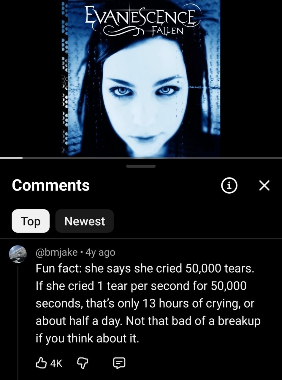 ALLEN в Comments о Top Newest оБтике ago Fun fact: she says she cried 50,000 tears. If she cried 1 tear per second for 50,000 seconds, that’s only 13 hours of crying, or about half a day. Not that bad