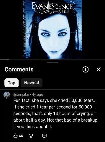 ALLEN в Comments о Top Newest оБтике ago Fun fact: she says she cried 50,000 tears. If she cried 1 tear per second for 50,000 seconds, that’s only 13 hours of crying, or about half a day. Not that bad