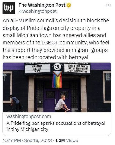 The Washington Post An all-Muslim council’s decision to block the display of Pride flags on city property ina small Michigan town has angered allies and members of the LGBQT community, who feel the su
