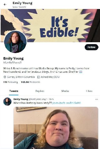 Emily Young 2,657 Tweets It's dible 4 is Emily Young @EmilyAYoung1 Writer Benchmarker at Linus Media Group. My name is Emily, come from Newfoundland, and write about things. Arch Linux user. She/Her S