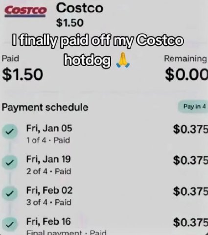 Cosrco Costco $1.50 my Costeo Paid hotdog Remaining $1.50 $0.00 Payment schedule 4 у Fri, Зап 05 $0.375 1of Paid Fri, Jan 19 $0.375 2 of 4+ Paid у Fri, 02 $0.375 3 of 4+ Paid Fri, Feb 16 $0.375 Cinal 