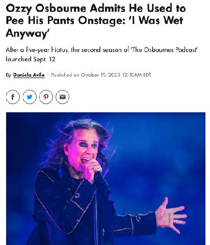 Ozzy Osbourne Admits He Used to Pee His Pants Onstage: ‘I Was Wet Anyway’ After a five-year hiatus, the second season of ‘The Osbournes Podcast launched Sept. 12 Daniela Avila Published on October 19,