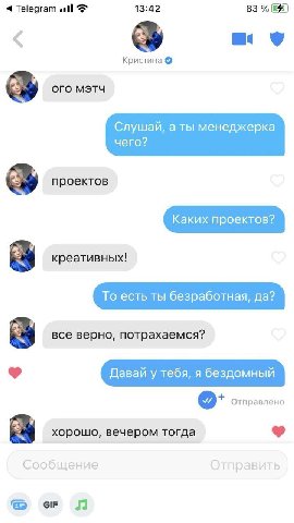 Те!едгат atl 13:42 83 Кристина Oro МЭТЧ Слушай, а ты менеджерка чего? проектов Каких проектов? креативных! То есть ты безработная, да? все верно, потрахаемся? Давай у тебя, я бездомный Отправлено a хо
