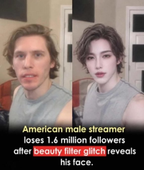 American male streamer loses 1.6 million followers after beauty filter glitch reveals his face.