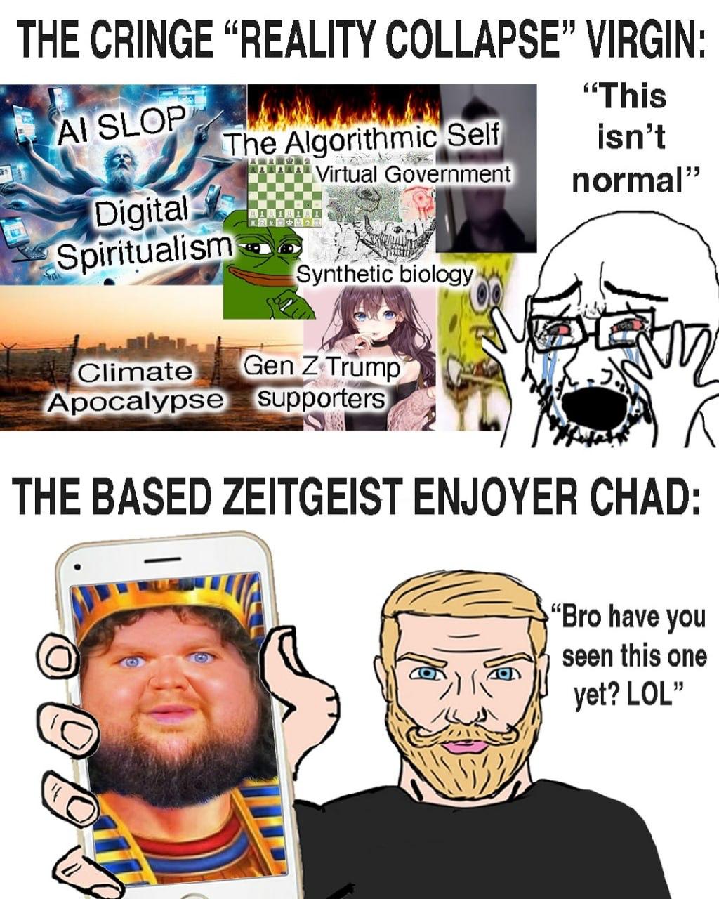 THE CRINGE “REALITY COLLAPSE” VIRGIN: “This A\ isn’t The Virtual normal” Digital piritualism Synthetic biology 7 Supporters BASED ZEITGEIST ENJOYER CHAD: “Bro have you seen this one yet? LOL”