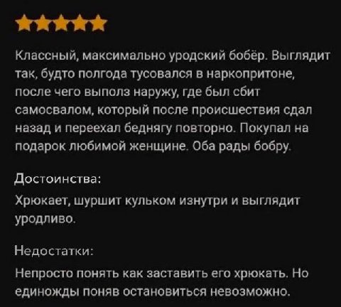 Классный, максимально уродский бобёр. Выглядит так, будто полгода тусовался в наркопритоне, после чего выполз наружу, где был сбит самосвалом, который после происшествия сдал назад и переехал беднягу 