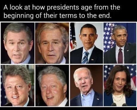 А look at how presidents age from the beginning of their terms to the end. И к