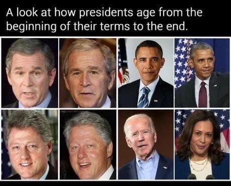 А look at how presidents age from the beginning of their terms to the end. И к
