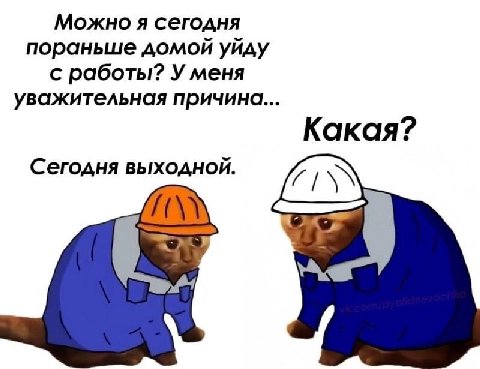 Можно я сегодня пораньше домой уйду с работы? У меня уважительная причина... Какая? Сегодня выходной.