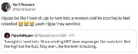 Yaril Foxears у @YarilFoxEren niggas be like i took drugs to turn into a woman and starting to feel retarded 55 yeah nigga they working @PiperIsHyperSSR Transgirls i need help. Since starting HRT does