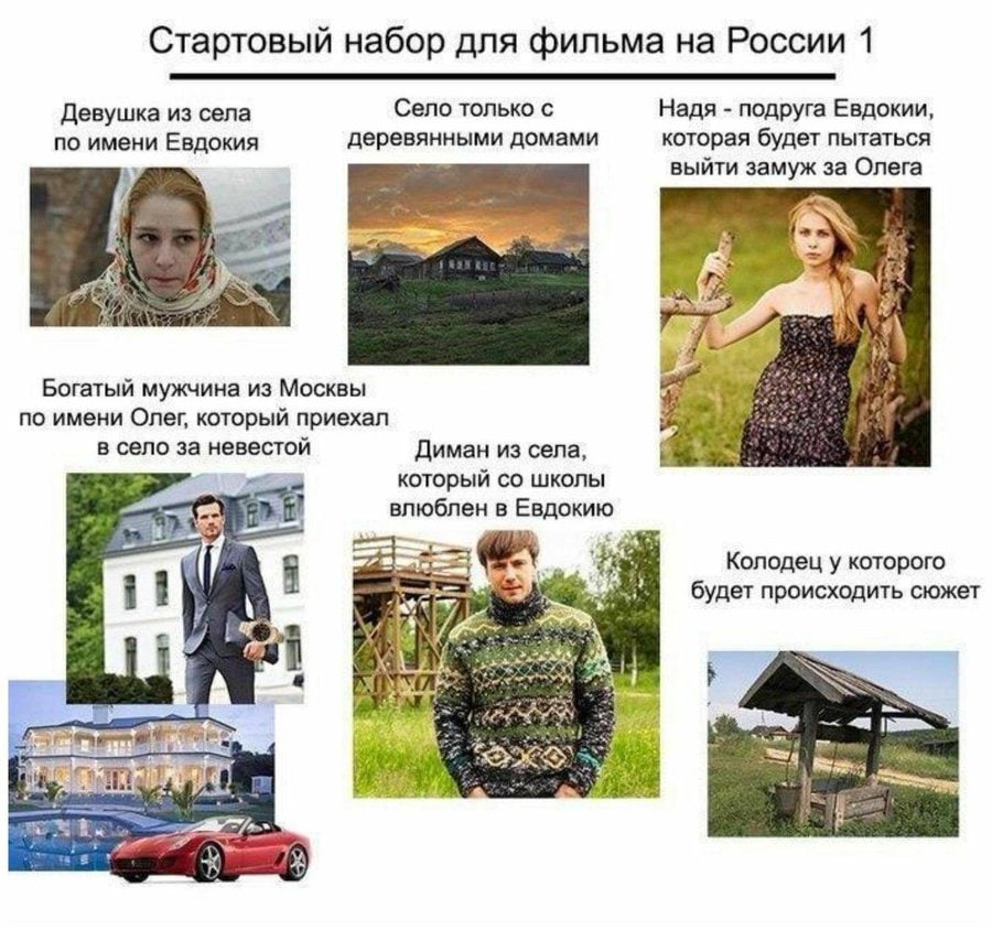 Стартовый набор для фильма на России 1 Девушка из села Село только с Надя подруга Евдокии, по имени Евдокия деревянными домами которая будет пытаться выйти замуж за Олега 7 Богатый мужчина из Москвы п