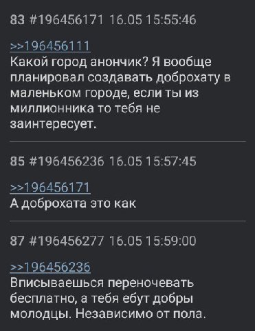 Какой город анончик? Я вообще планировал создавать доброхату в маленьком городе, если ты из миллионника то тебя не заинтересует. А доброхата это как Вписываешься переночевать бесплатно, а тебя ебут до