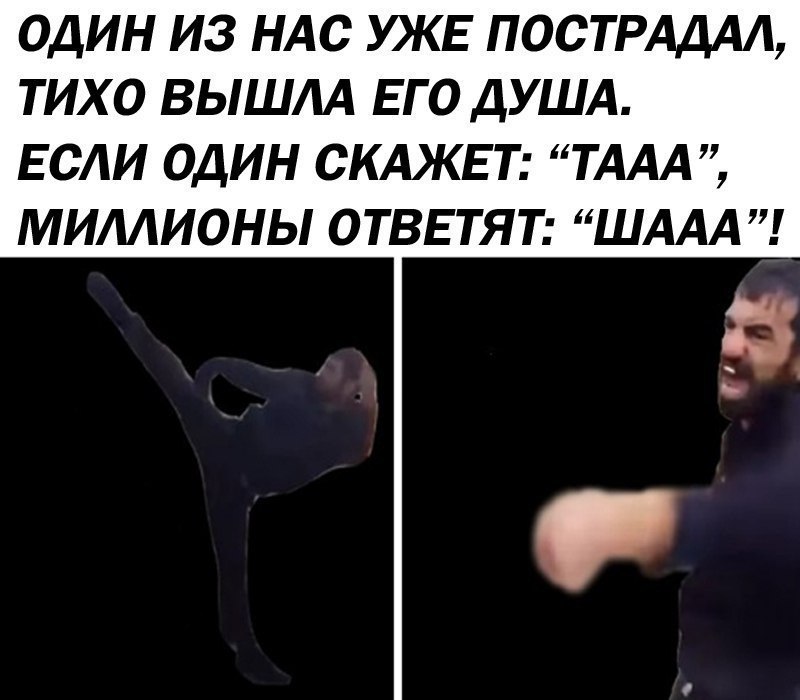 ОДИН ИЗ НАС УЖЕ ПОСТРАДАЛ, ТИХО ВЫШЛА ЕГО ДУША. ЕСЛИ ОДИН СКАЖЕТ: “ТААА”, МИЛЛИОНЫ ОТВЕТЯТ: “ШААА”!