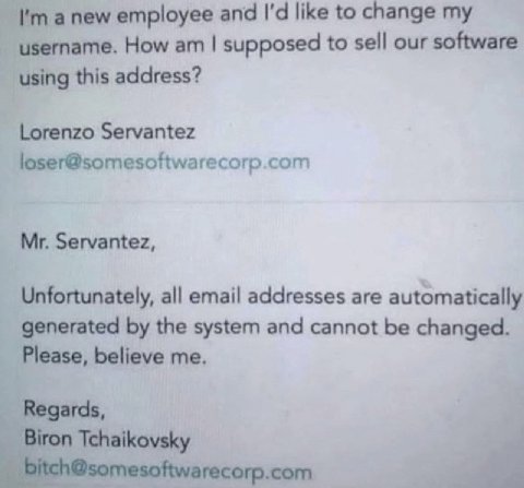 а new employee and like to change username. How supposed to sell our software using this address? Lorenzo Servantez loser@somesoftwarecorp.com Servantez, Unfortunately, all email addresses are automat