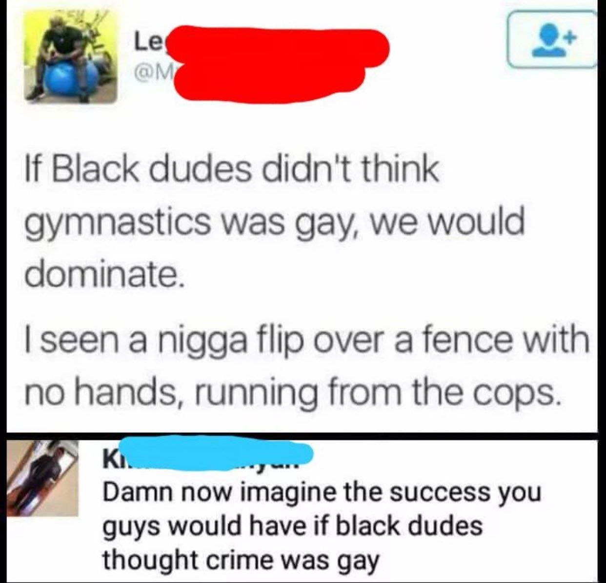 Black dudes didn't think gymnastics was gay, we would dominate seen a nigga flip over a fence with no hands from the cops Damn now imagine the success you guys would have if black dudes thought crime 