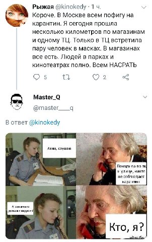 Рыжая @kinokedy 1 у Короче. В Москве всем пофигу на карантин. Я сегодня прошла несколько километров по магазинам и одному Только в встретила пару человек в масках. В магазинах все есть. Людей в парках