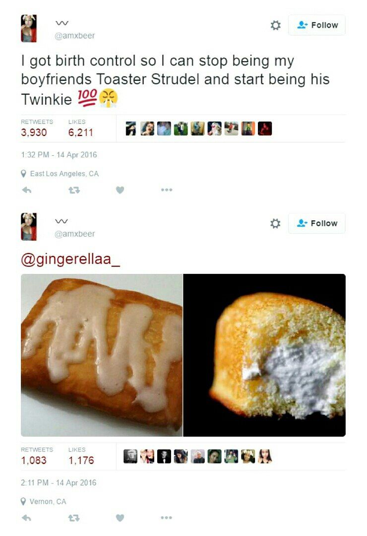 Follow Я got birth control so can stop being my boyfriends Toaster Strudel and start being his Twinkie 122 34 3.930 6.211 2: Follow Я @gingerellaa_ 1,083 1.176