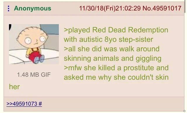 Anonymous 11/30/18(Fri)21:02:29 No.49591017 >played Red Dead Redemption with autistic step-sister >all she did was walk around skinning animals and giggling >mfw she killed a prostitute and 1.48 GIF a