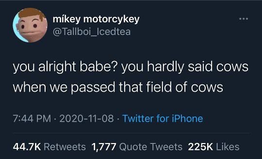mikey motorcykey @Tallboi_Icedtea you alright babe? you hardly said cows when we passed that field of cows 7:44 2020-11-08 Twitter for iPhone Retweets 1,777 Quote Tweets Likes
