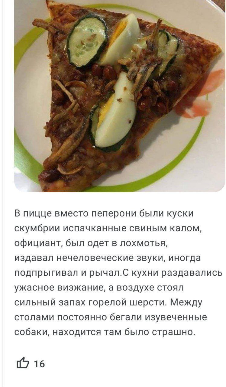 В пицце вместо пеперони были куски скумбрии испачканные свиным калом, официант, был одет в лохмотья, издавал нечеловеческие звуки, иногда подпрыгивал и рычал.С кухни раздавались ужасное визжание, а во