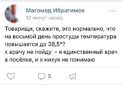 1 Магомед Ибрагимов минут назад Товарищи, скажите, это нормально, что на восьмой день простуды температура повышается до 38,5°? к врачу не пойду яединственный врач в посёлке, и я нихуя не понимаю