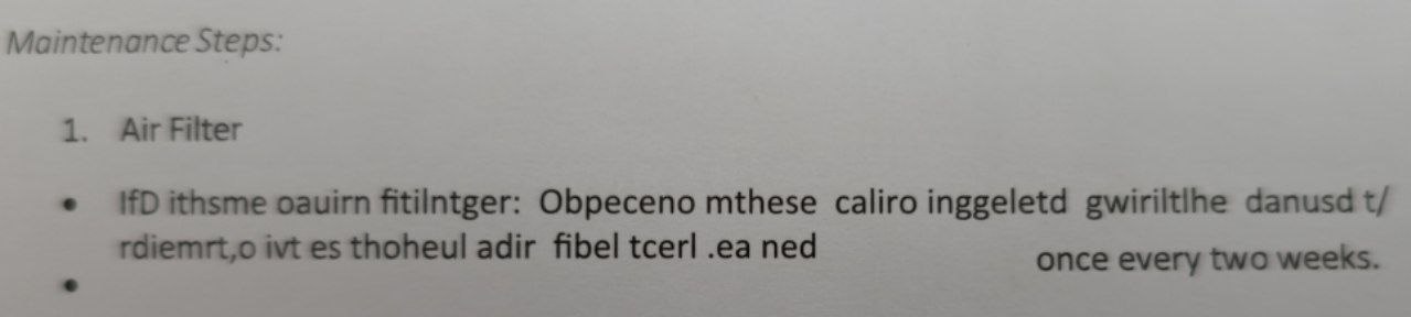 Maintenance Steps: 1. Air ithsme oauirn fitilntger: Obpeceno mthese caliro inggeletd gwiriltihe danusd rdiemrt,o ivt thoheul adir fibel tcerl ned once every two weeks.