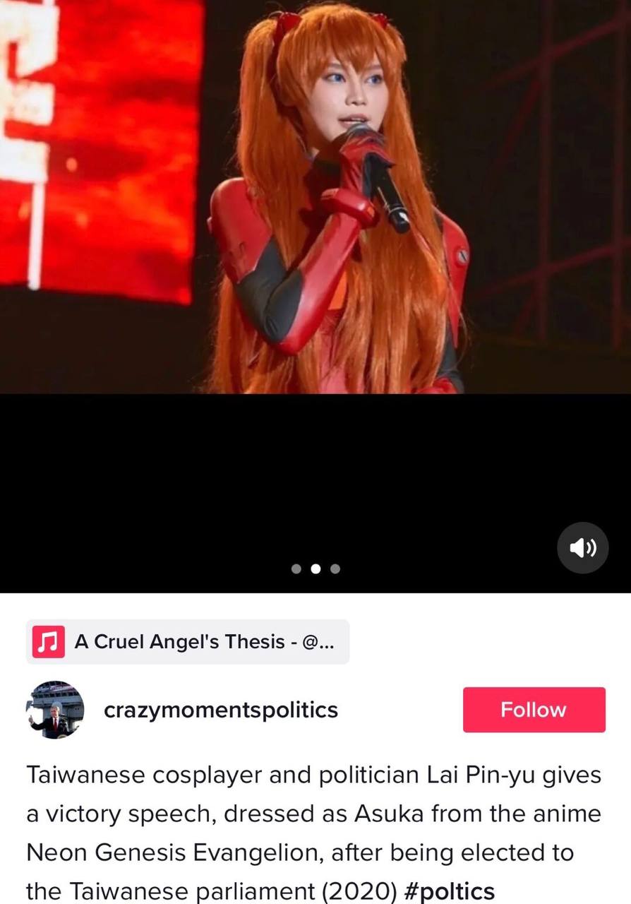 a, И A Cruel Angel's Thesis crazymomentspolitics Taiwanese cosplayer and politician Lai Pin-yu gives a victory speech, dressed as Asuka from the anime Neon Genesis Evangelion, after being elected to t
