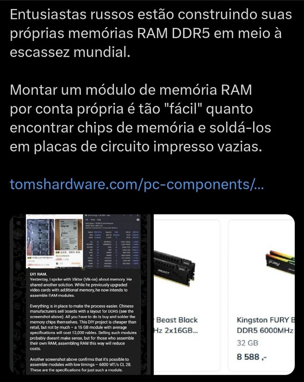 Entusiastas russos estao construindo suas proprias memorias RAM DDR5 meio a escassez mundial. Montar modulo memoria RAM por conta propria tao "facil" quanto encontrar chips memoria solda-los placas ci