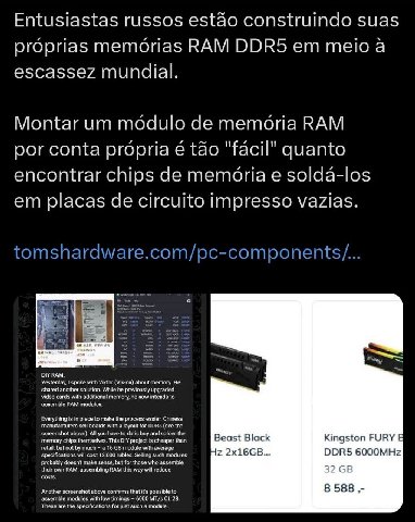 Entusiastas russos estao construindo suas proprias memorias RAM DDR5 meio a escassez mundial. Montar modulo memoria RAM por conta propria tao "facil" quanto encontrar chips memoria solda-los placas ci