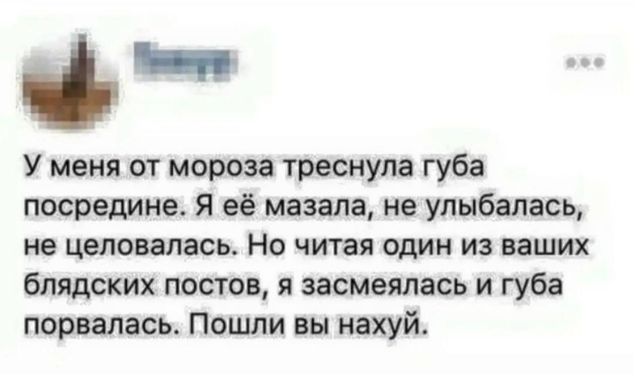 У меня от мороза треснула губа посредине. Я её мазала, не улыбалась, не целовалась. Но читая один из ваших блядских постов, я засмеялась и губа порвалась. Пошли вы нахуй.